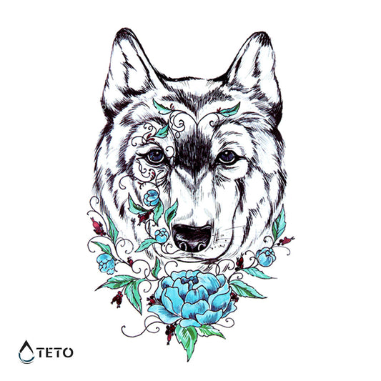 Lobo con una flor azul