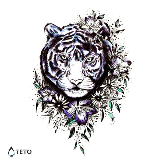 Tigre con flores moradas