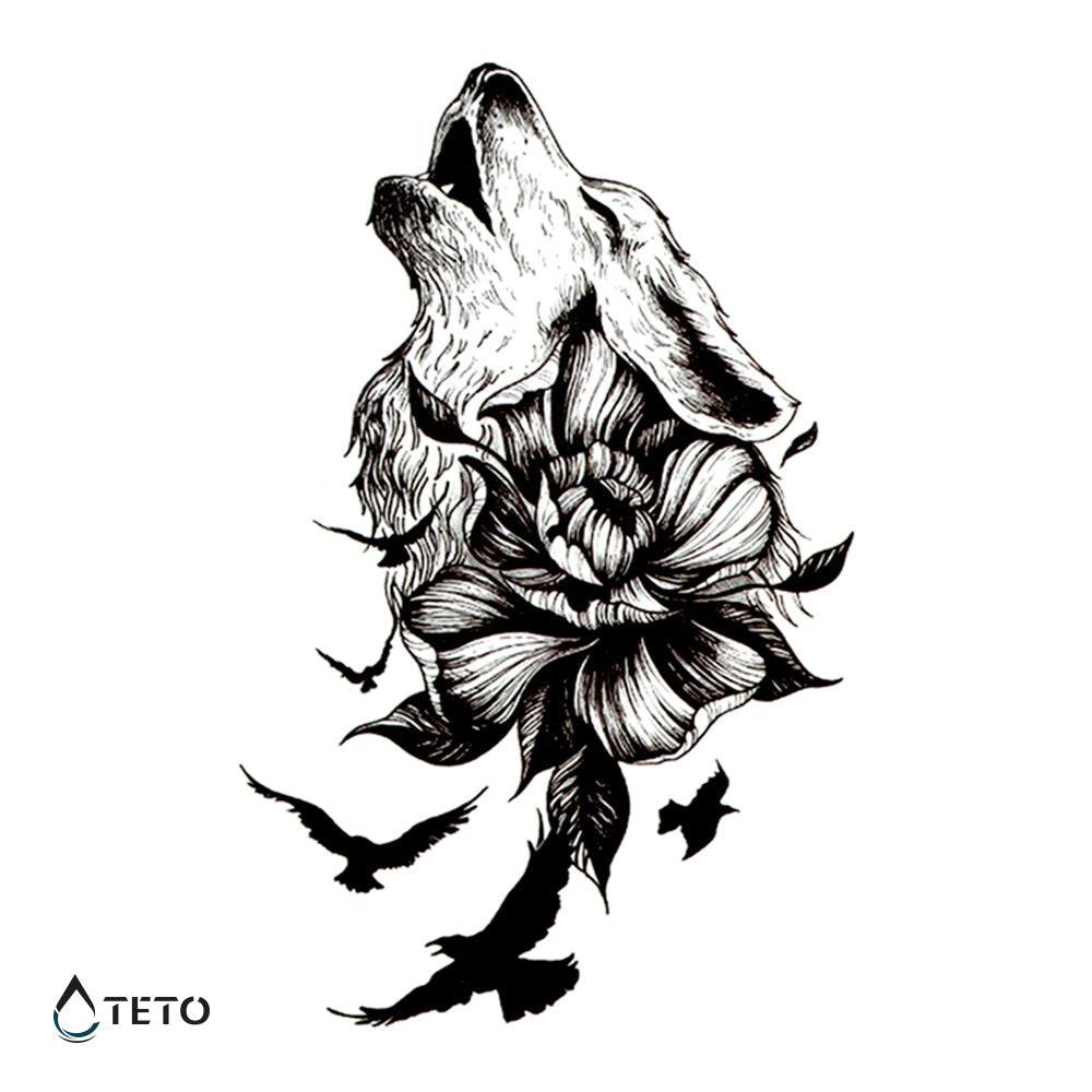 Lobo con flores y pájaros
