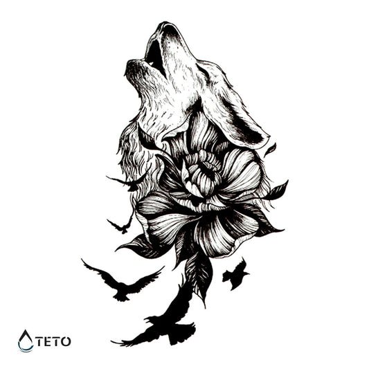 Lobo con flores y pájaros
