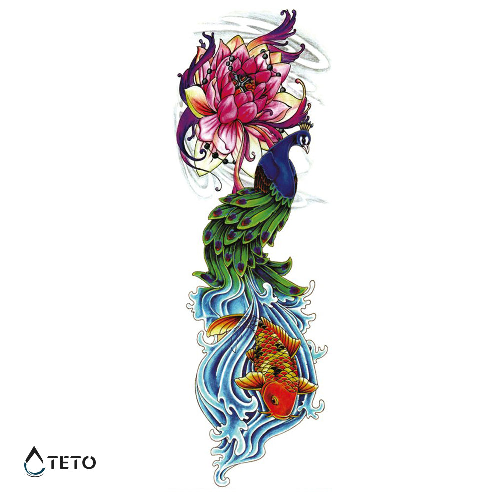 Pavo real con peces y flores