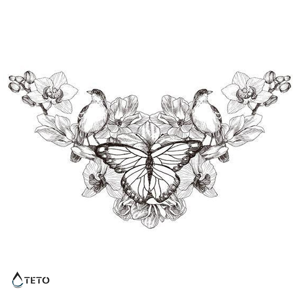 Mariposa con pájaros y flores